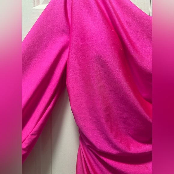 WORN ONCE SHERRI HILL BRIGHT PINK 54421 ONE SHOULDER LONG SLEEVE BEADED GOWN - Picture 15 of 16